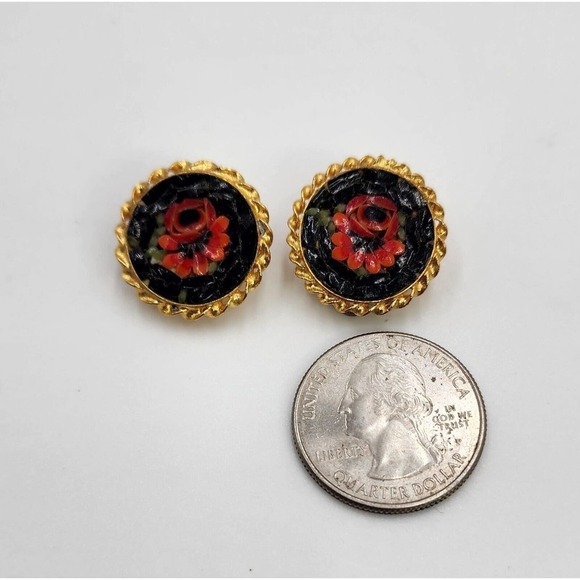 Vintage Round Mosaic Clip Back Floral Earrings Gold Tone - Picture 7 of 7